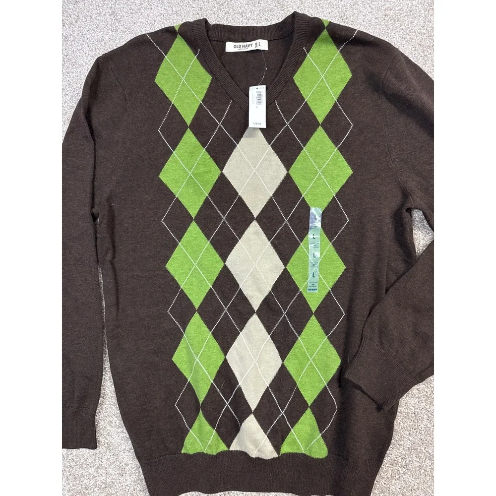 Old Navy Mens Argyle V-Neck Sweater Brown Green Tan Size L NWT